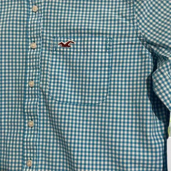 2 for $15 Hollister Aqua Blue & White Check Button Down Shirt – Size Medium - Picture 7 of 10